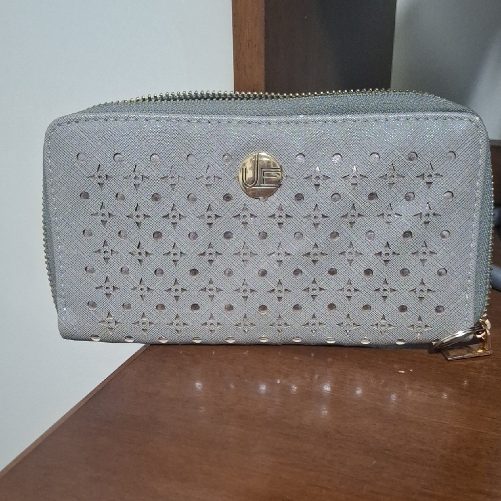 Perforated Metallic Silver Zip-Around Wallet with Gold Accent